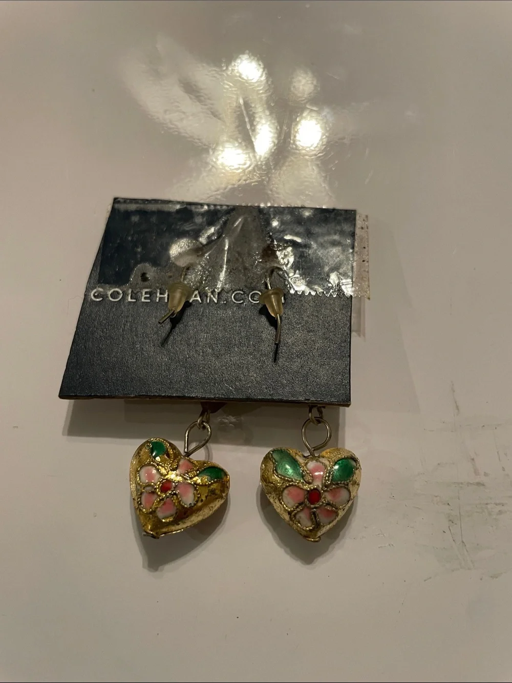 Gold-Tone Heart Drop Earrings with Green and Pink Enamel